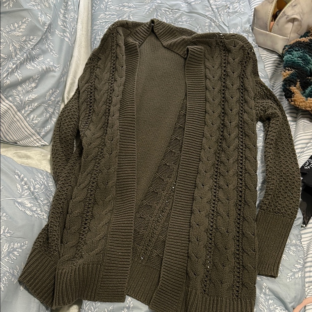 Olive Green Cable Knit Cardigan Sweater